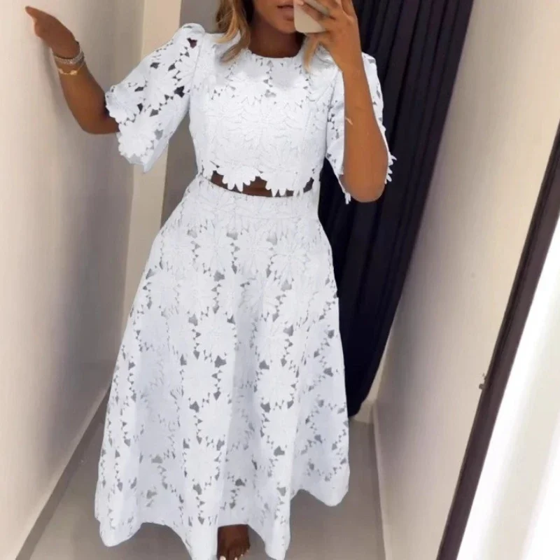 Women's 2 Piece Set Ladies O Neck Short Sleeved Hollow Top Half Blouse Top Fashion Casual Women Skirt Suit
Women's 2 Piece Set Ladies O Neck Short Sleeved Hollow Top Half Blouse Top Fashion Casual Women Skirt Suit