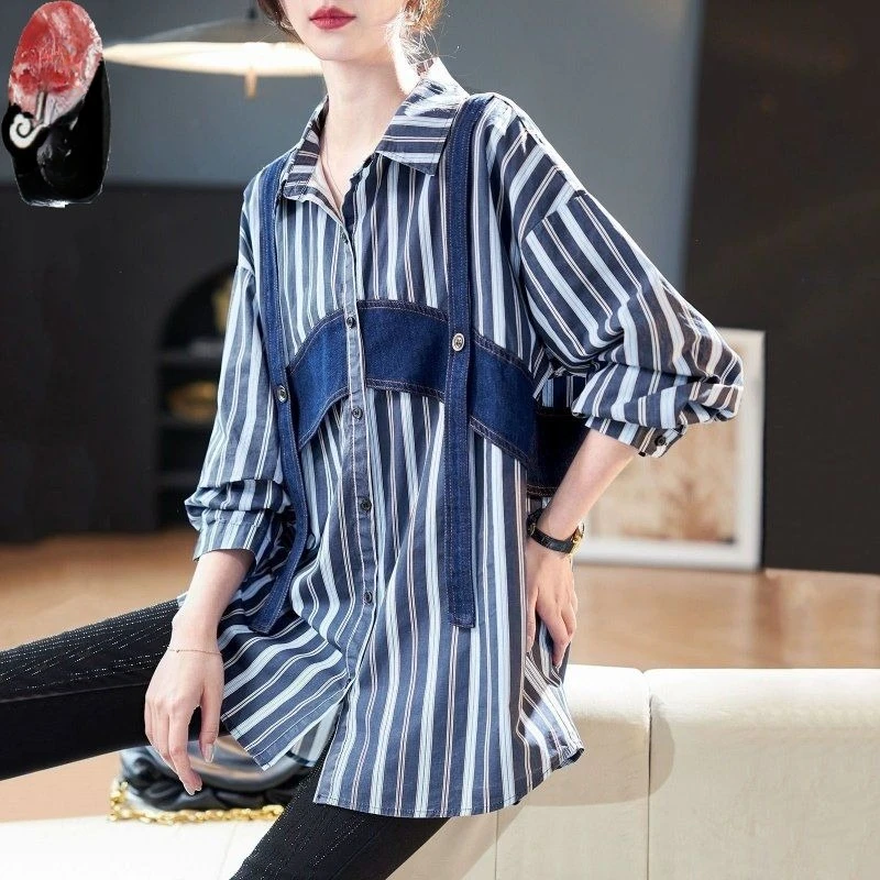 Spring New Fashion Korean Version Everything Matching Temperament Denim Stripes Color Patchwork Shirt Woman Beautiful Pullovers
Spring New Fashion Korean Version Everything Matching Temperament Denim Stripes Color Patchwork Shirt Woman Beautiful Pullovers