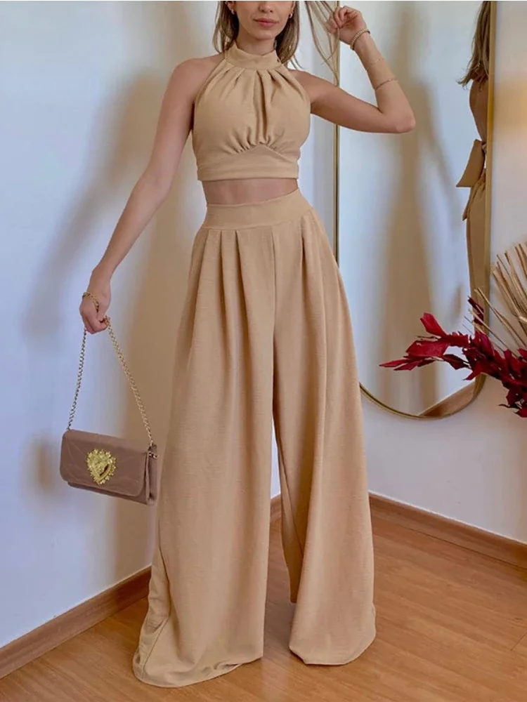 Elegant Two Piece Set Women Sexy Club Backless Sleeveless Cropped Sexy Tops Suit Women's Summer High Waist Wide Leg Pant Sets
Elegant Two Piece Set Women Sexy Club Backless Sleeveless Cropped Sexy Tops Suit Women's Summer High Waist Wide Leg Pant Sets