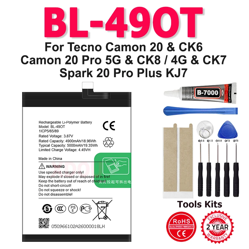 3.87V 5000mAh Battery BL-49OT For Tecno Camon 20, CK6, CK6n, Camon 20 Pro, CK7n, batteria + Free Tools
3.87V 5000mAh Battery BL-49OT For Tecno Camon 20, CK6, CK6n, Camon 20 Pro, CK7n, batteria + Free Tools