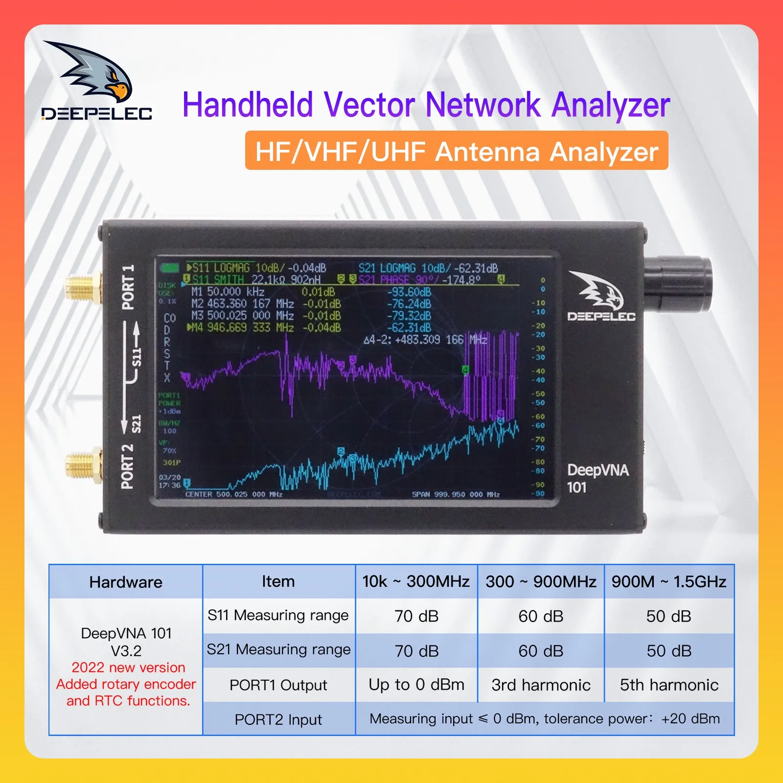 Deepele DeepVNA 101 Handheld Vector Network Analyzer 4.3-inch Screen HF/VHF/UHF Antenna Standing Wave Detector SWR Meter 1.5GHz 
Deepele DeepVNA 101 Handheld Vector Network Analyzer 4.3-inch Screen HF/VHF/UHF Antenna Standing Wave Detector SWR Meter 1.5GHz