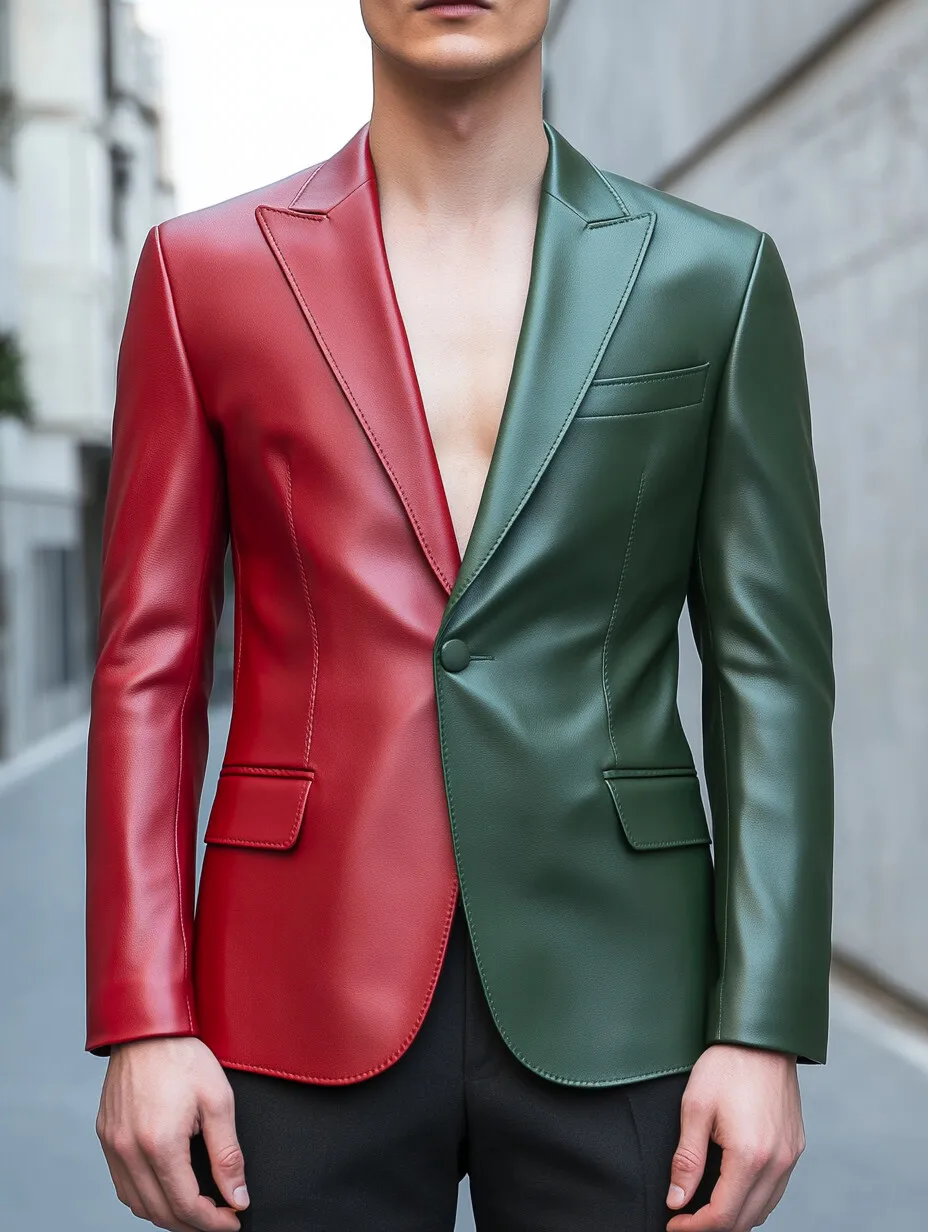 Men Red Green Color Block Faux Leather Blazer Single Button Notched Lapel Contrast Splicing Slim Fit Party Stage Formal Suit Jac
Men Red Green Color Block Faux Leather Blazer Single Button Notched Lapel Contrast Splicing Slim Fit Party Stage Formal Suit Jac