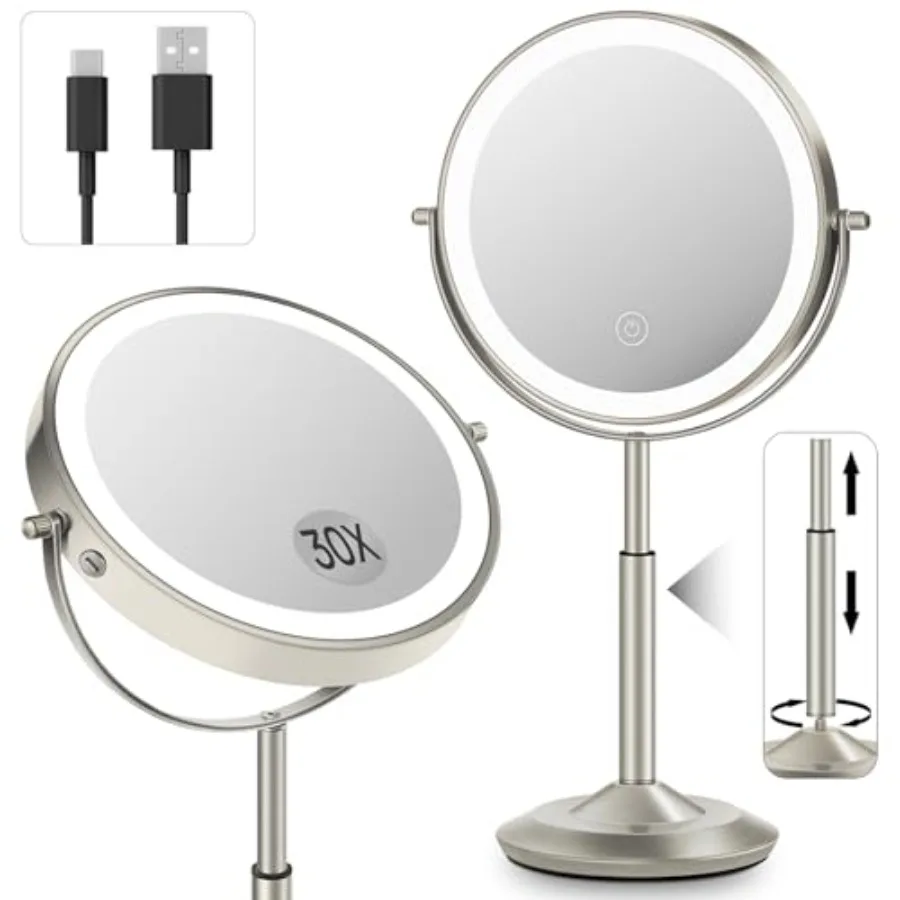 Makeup Mirror with Lights, 1X/30X Lighted Magnifying Mirror Height Adjustable, 3000mAh Rechargeable Double Sided Vanity Mirrors
Makeup Mirror with Lights, 1X/30X Lighted Magnifying Mirror Height Adjustable, 3000mAh Rechargeable Double Sided Vanity Mirrors