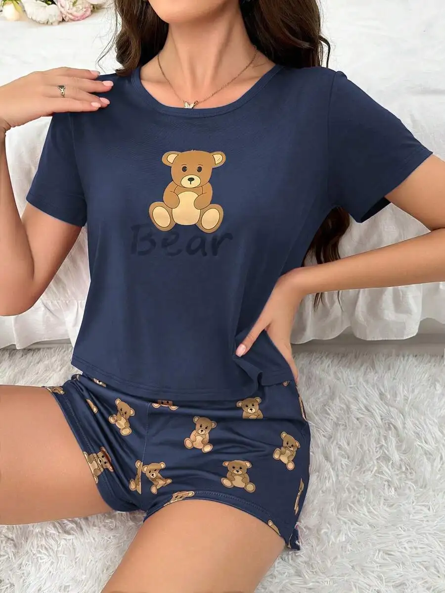 Blue Teddy Bear Graphic Short Sleeve Crop Top And Matching Print Shorts Sleep Set For Women
Blue Teddy Bear Graphic Short Sleeve Crop Top And Matching Print Shorts Sleep Set For Women