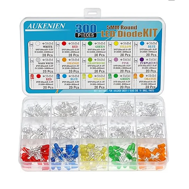 15 Colors 300pcs 5MM LED Diodes Light Emitting Diode Assortment Kit Round Clear LED Lighting Bulb Lamp for Electronics
15 Colors 300pcs 5MM LED Diodes Light Emitting Diode Assortment Kit Round Clear LED Lighting Bulb Lamp for Electronics
