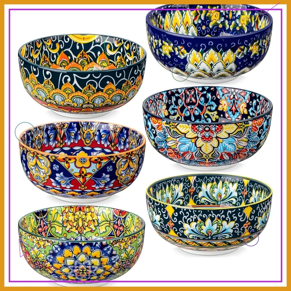 Set of 6 Bohemian Ceramic Soup Bowls, 28 oz Colorful Kitchen Bowls for Salad, Pasta, Rice, Dishwasher & Microwave Safe
Set of 6 Bohemian Ceramic Soup Bowls, 28 oz Colorful Kitchen Bowls for Salad, Pasta, Rice, Dishwasher & Microwave Safe