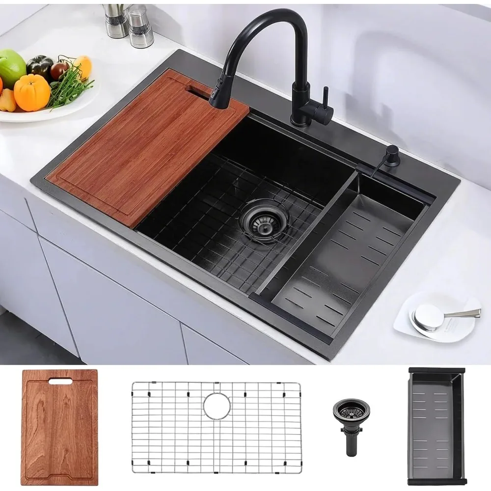 33-дюймовая черная кухонная раковина, 33x22, рабочая станция с верхним креплением, ручная работа, 16 калибров, одинарная раковина из нержавеющей стали
33-дюймовая черная кухонная раковина, 33x22, рабочая станция с верхним креплением, ручная работа, 16 калибров, одинарная раковина из нержавеющей стали