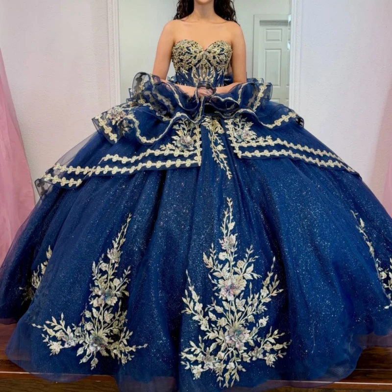 Royal Blue Shiny Ball Gown Quinceanera Dresses Gold Applique Lace Beading Crystal Bow Tiered Tull Corset Off The Shoulder Sweet
Royal Blue Shiny Ball Gown Quinceanera Dresses Gold Applique Lace Beading Crystal Bow Tiered Tull Corset Off The Shoulder Sweet