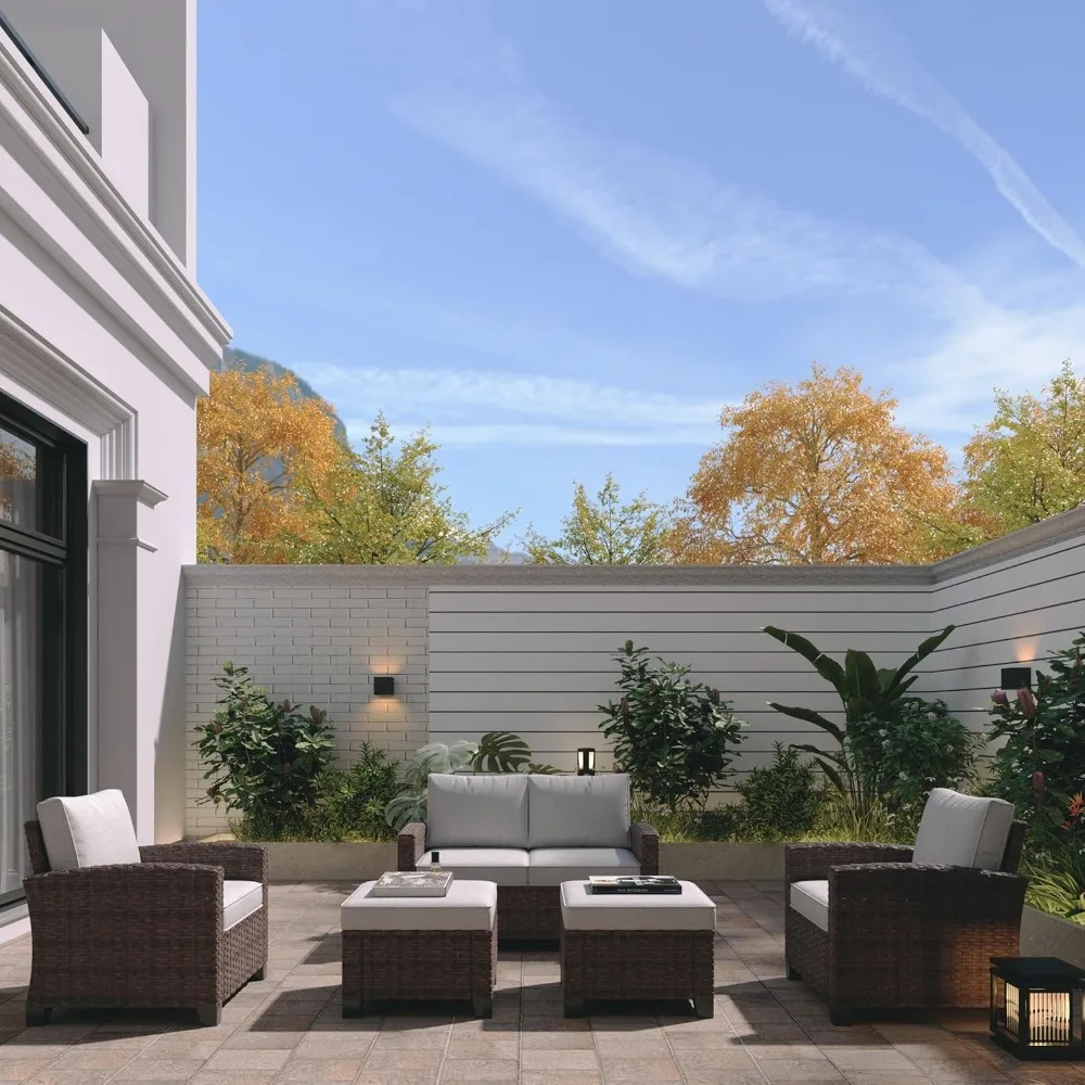 Outdoor Patio Sectional Sofa Set, 5-Piece Rattan Furniture, Patio Conversation Sets with Sofa, Ottomans for Seats 4, Light Grey
Outdoor Patio Sectional Sofa Set, 5-Piece Rattan Furniture, Patio Conversation Sets with Sofa, Ottomans for Seats 4, Light Grey