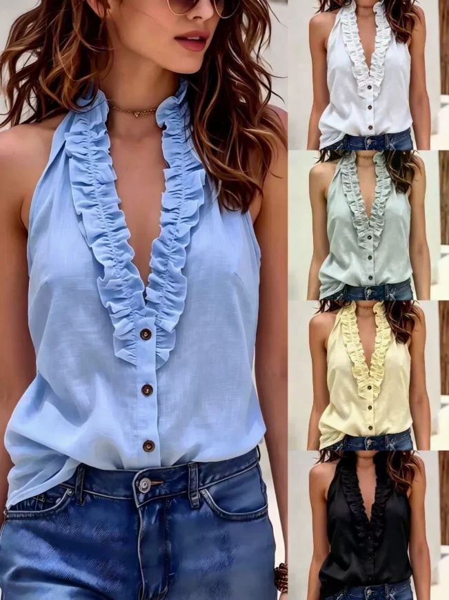 Women‘s Top Halter Neck Ruffle Blouse Summer Sleeveless Linen Cotton V Neck Button Down Office Lady Clothing Solid Color Tank
Women‘s Top Halter Neck Ruffle Blouse Summer Sleeveless Linen Cotton V Neck Button Down Office Lady Clothing Solid Color Tank