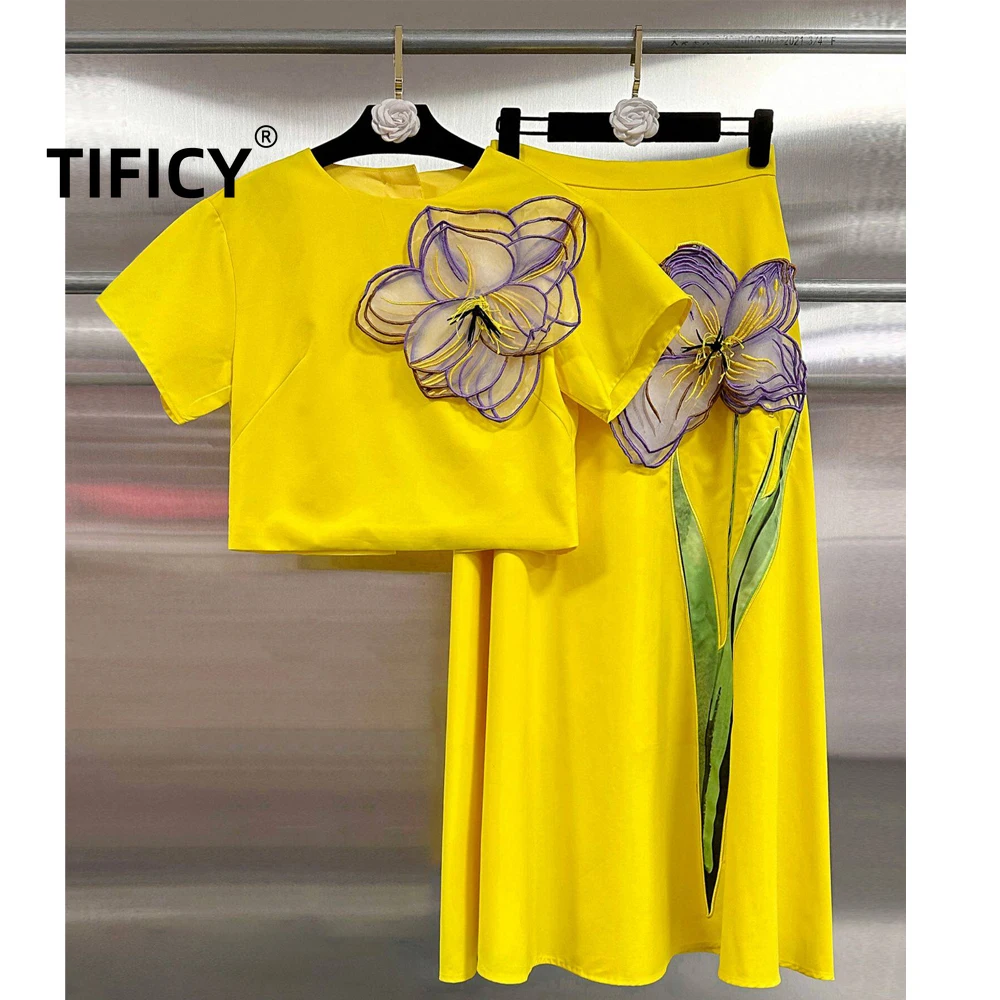 High Street Two Piece Set Women's Three Dimensional Embroidered Yellow Two-piece Backless Top+A-line Skirt 2pc Set
High Street Two Piece Set Women's Three Dimensional Embroidered Yellow Two-piece Backless Top+A-line Skirt 2pc Set