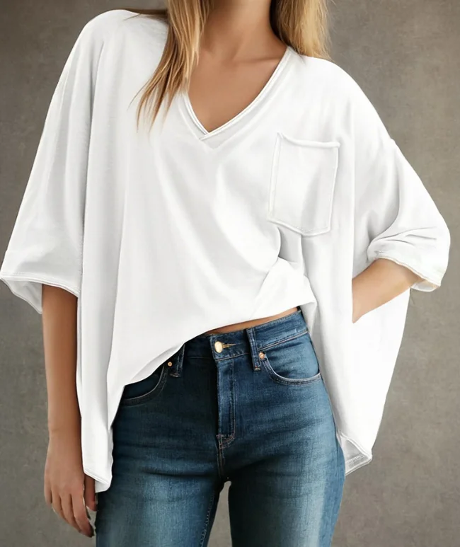 V-Neck Half Sleeved T-Shirt with Pocket Decoration for Women's Summer Elegant and Casual Daily Solid Color Loose T-Shirt Top
V-Neck Half Sleeved T-Shirt with Pocket Decoration for Women's Summer Elegant and Casual Daily Solid Color Loose T-Shirt Top