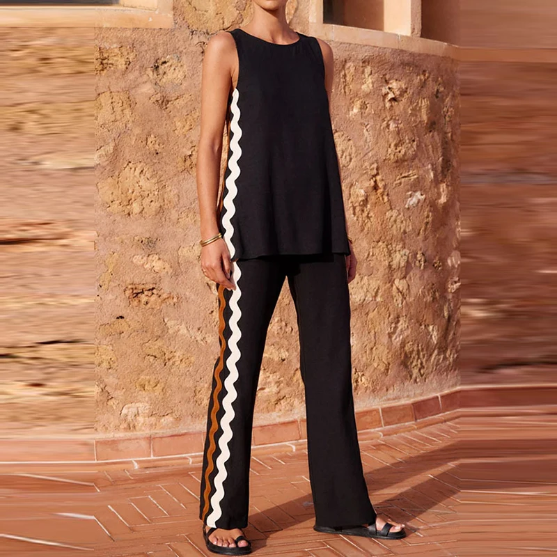 Vintage O Neck Sleeveless Top&Long Pants Women 2 Piece Casual Summer Color Blocked Loose Suit High Street Straight Commuting Set
Vintage O Neck Sleeveless Top&Long Pants Women 2 Piece Casual Summer Color Blocked Loose Suit High Street Straight Commuting Set