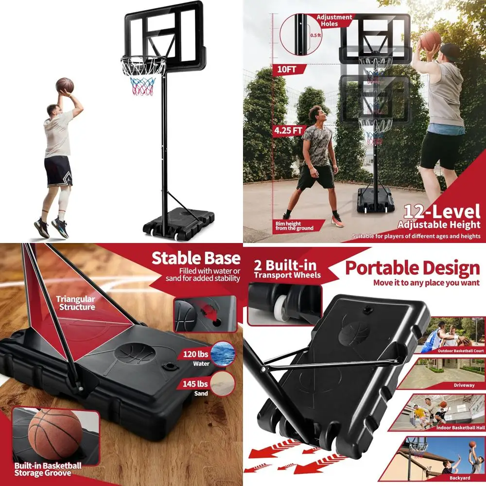 Outdoor Height Adjustable Basketball Goal System, 4.25-10ft, 43.5" Shatterproof Backboard, Fillable for Durability and Stability
Outdoor Height Adjustable Basketball Goal System, 4.25-10ft, 43.5" Shatterproof Backboard, Fillable for Durability and Stability