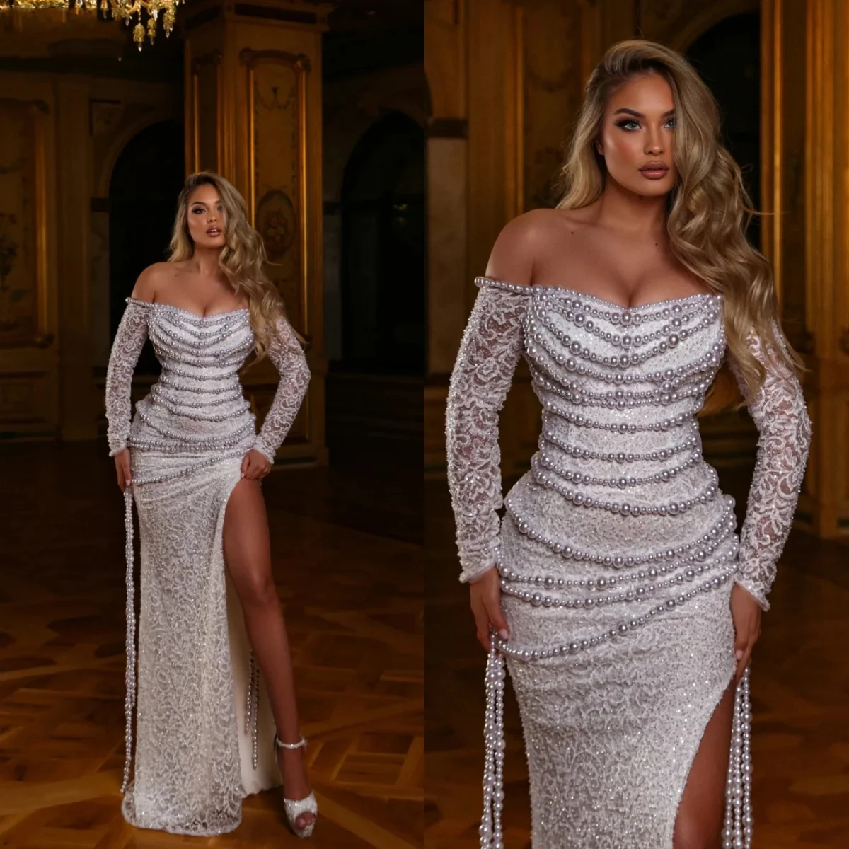 Elegant A Line Women Wedding Dress Off Shoulder Long Sleeves Bridal Gowns Sequins Pearls Beading Split Side Dress Customized
Elegant A Line Women Wedding Dress Off Shoulder Long Sleeves Bridal Gowns Sequins Pearls Beading Split Side Dress Customized