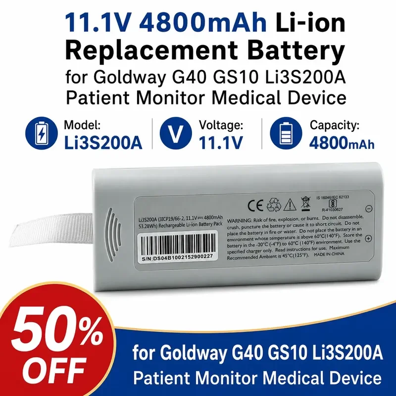 11.1V 4800mAh Li-ion Replacement Battery for Goldway G40 GS10 Li3S200A Patient Monitor Medical Device
11.1V 4800mAh Li-ion Replacement Battery for Goldway G40 GS10 Li3S200A Patient Monitor Medical Device