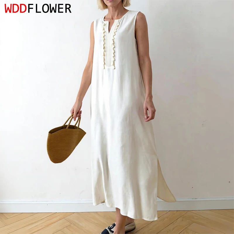 Women Sleeveless Dress 70% Mulberry Silk 30% Cotton Spun Silk White A-Line Tassel V-Neck Midi Dress Evening Gown Summer M1612
Women Sleeveless Dress 70% Mulberry Silk 30% Cotton Spun Silk White A-Line Tassel V-Neck Midi Dress Evening Gown Summer M1612