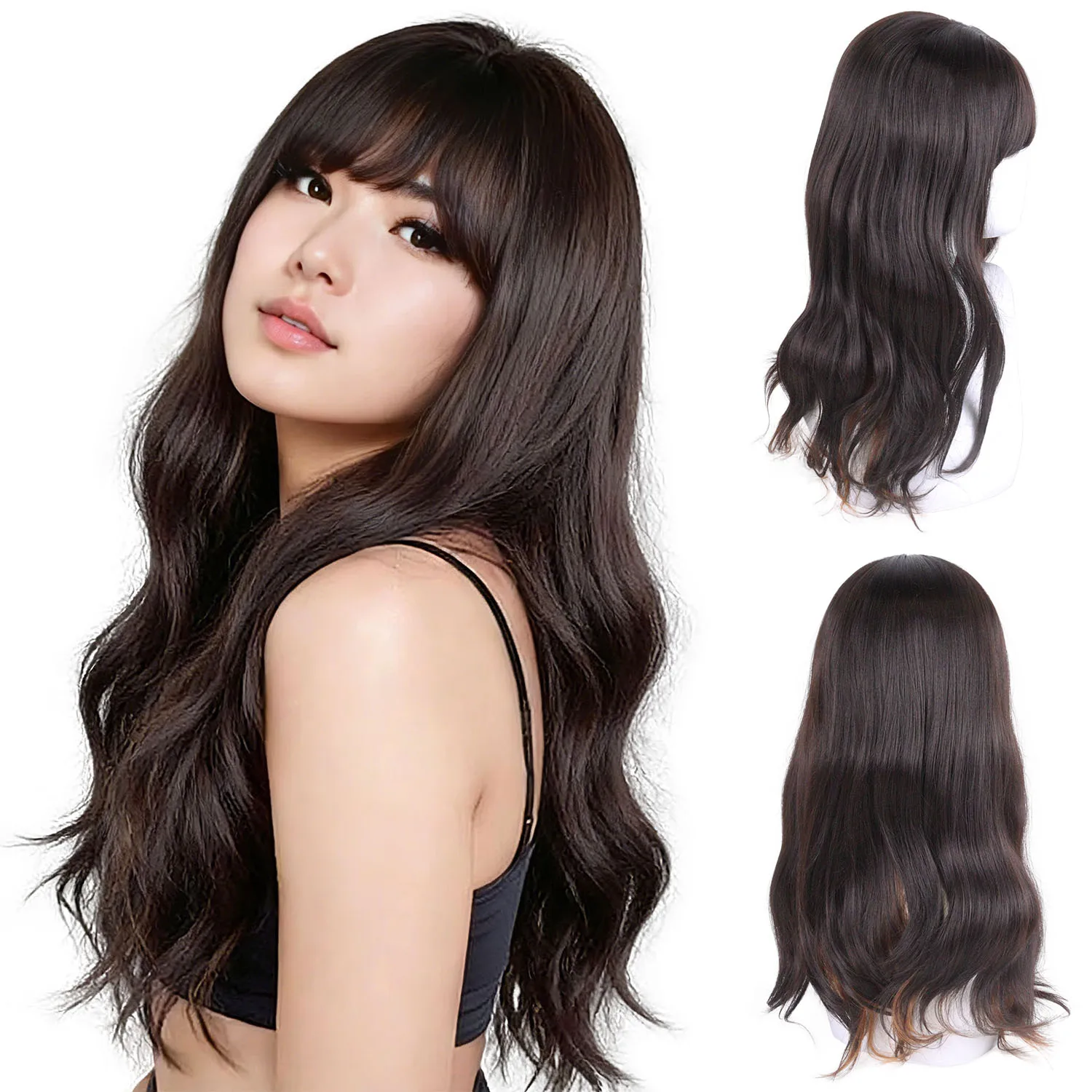 Women's 22 Inch Long Wavy Synthetic Wigs Dark Brown with Bangs Fluffy Body Wave Heat Resistant Wig for Daily Party Cosplay Wear
Women's 22 Inch Long Wavy Synthetic Wigs Dark Brown with Bangs Fluffy Body Wave Heat Resistant Wig for Daily Party Cosplay Wear