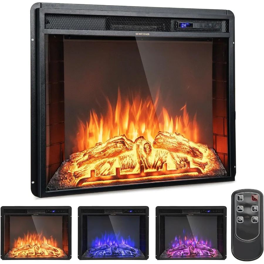 26 Inch Recessed Electric Fireplace with Adjustable Flame Brightness LED Screen Display Remote Control with Timer Function Over