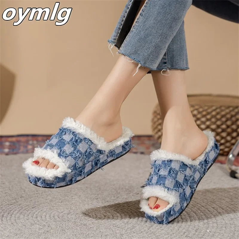 Thick soled women's shoes New denim cotton slippers High heeled plush women's slippers Large platform shoes
Thick soled women's shoes New denim cotton slippers High heeled plush women's slippers Large platform shoes