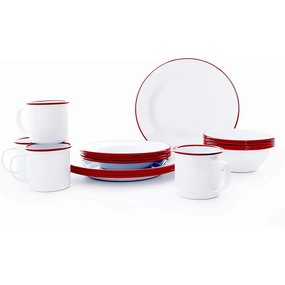 Vintage White and Red 16-Piece Enamel Dinnerware Set
Vintage White and Red 16-Piece Enamel Dinnerware Set