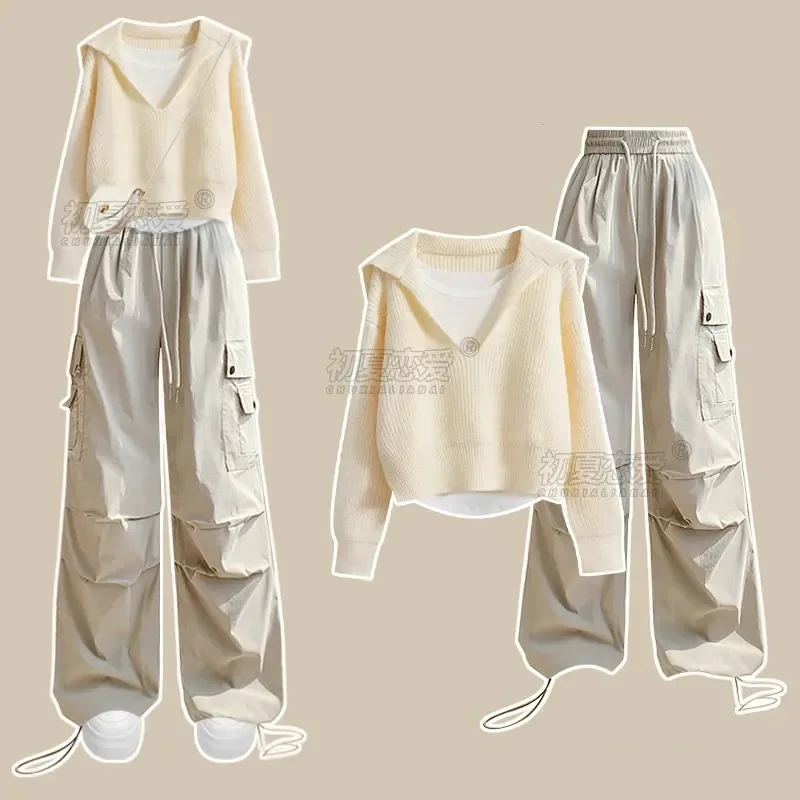 Women's Spring Autumn New Vintage Long Sleeve Navy Collar Knit Sweater+Vest+Loose Cargo Pants 3-Piece Set Female Clothing Suit
Women's Spring Autumn New Vintage Long Sleeve Navy Collar Knit Sweater+Vest+Loose Cargo Pants 3-Piece Set Female Clothing Suit