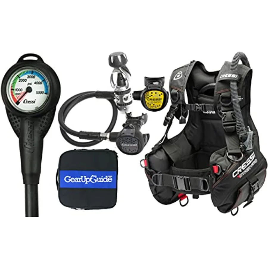 Scuba diving gear package for beginners: nylon BCD in black, compact AC2 regulator set with mini SPG gauge, fully assembled and
Scuba diving gear package for beginners: nylon BCD in black, compact AC2 regulator set with mini SPG gauge, fully assembled and