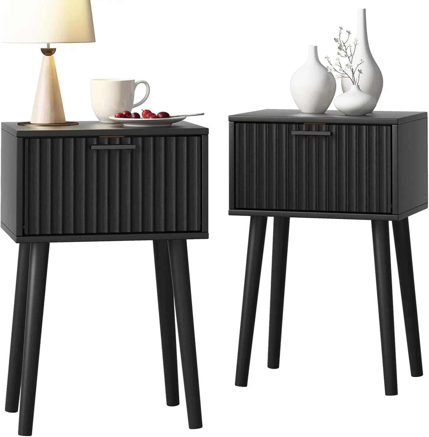 Set of 2 Modern Nightstands with Fluted Doors, Solid Wood Legs, Black Finish for Bedroom or Small Spaces
Set of 2 Modern Nightstands with Fluted Doors, Solid Wood Legs, Black Finish for Bedroom or Small Spaces