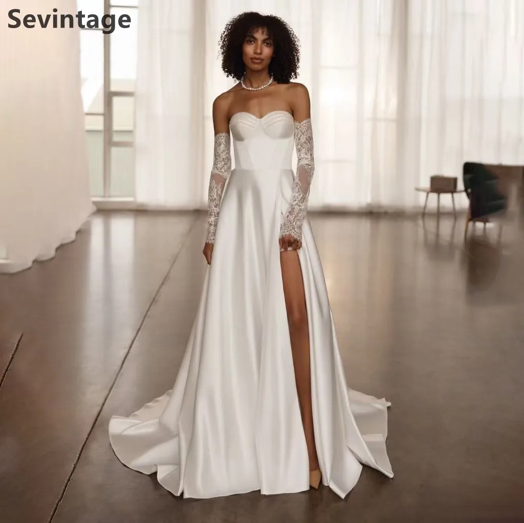 Sevintage 2025 Ivory Satin A Line Wedding Dress Sweetheart Lace Sleeve Bridal Gown Elegant Wedding Party Dresses Customized
Sevintage 2025 Ivory Satin A Line Wedding Dress Sweetheart Lace Sleeve Bridal Gown Elegant Wedding Party Dresses Customized