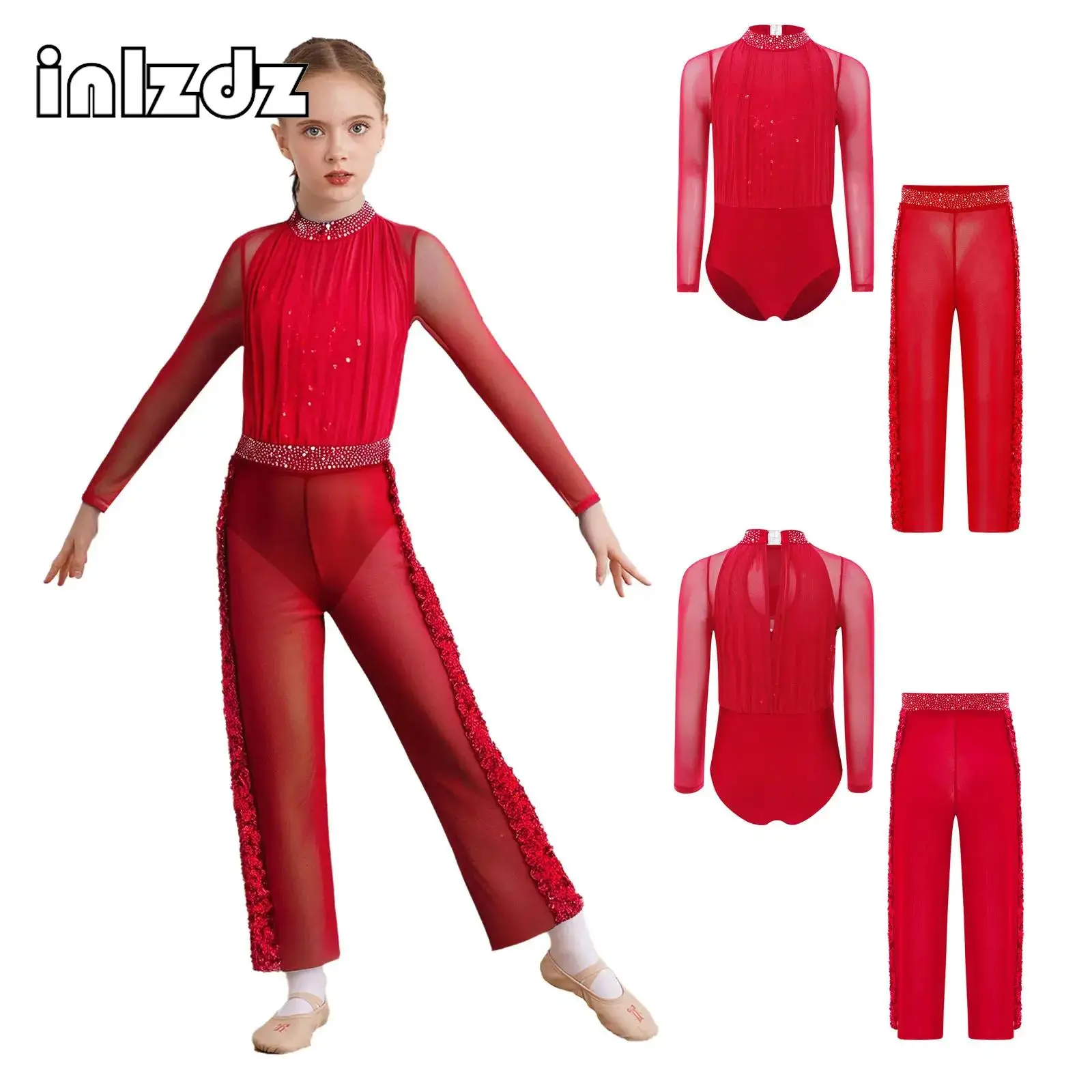 Kids Girl Figure Skating Modern Dance Costume Long Sleeve Sparkling Sequins Rhinestones Mesh Leotard Pants 2-piece Dancewear Set 
Kids Girl Figure Skating Modern Dance Costume Long Sleeve Sparkling Sequins Rhinestones Mesh Leotard Pants 2-piece Dancewear Set