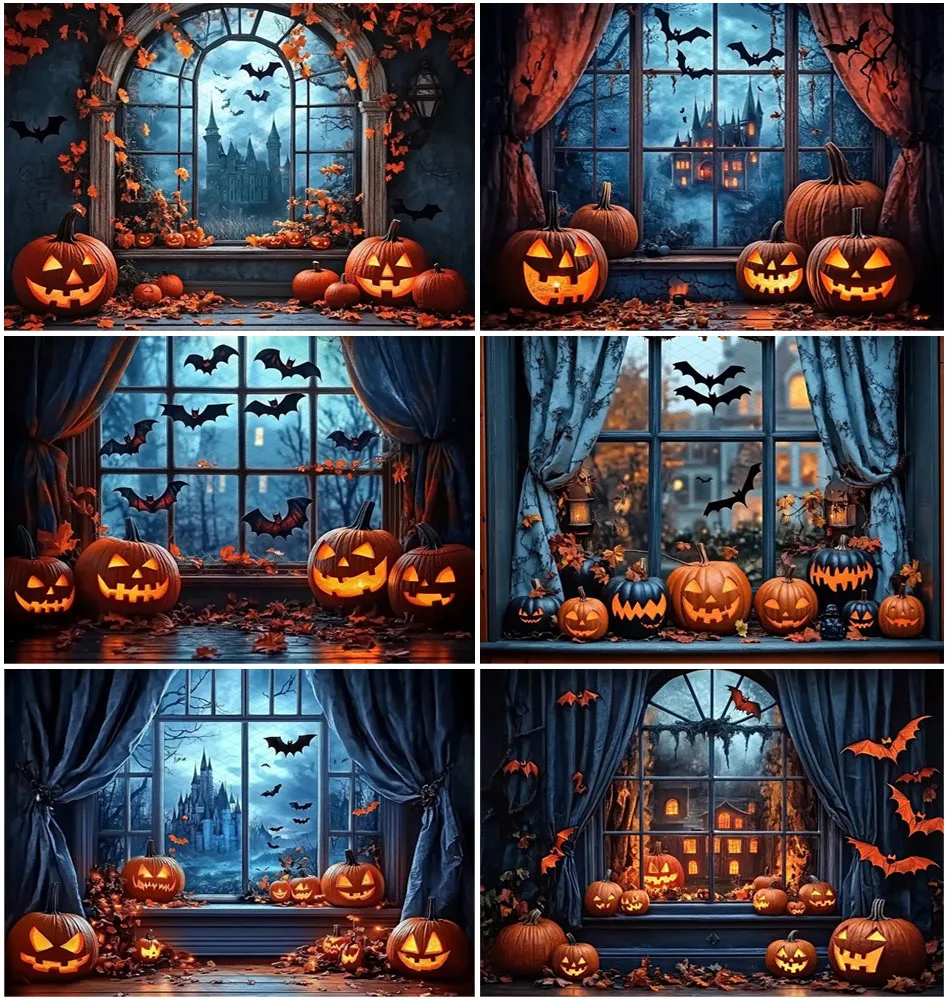 Happy Halloween Party Backdrop Window Castle Pumpkin Bat Ghost Demon Party Decor Kids Portrait Photography Background Props 
Happy Halloween Party Backdrop Window Castle Pumpkin Bat Ghost Demon Party Decor Kids Portrait Photography Background Props