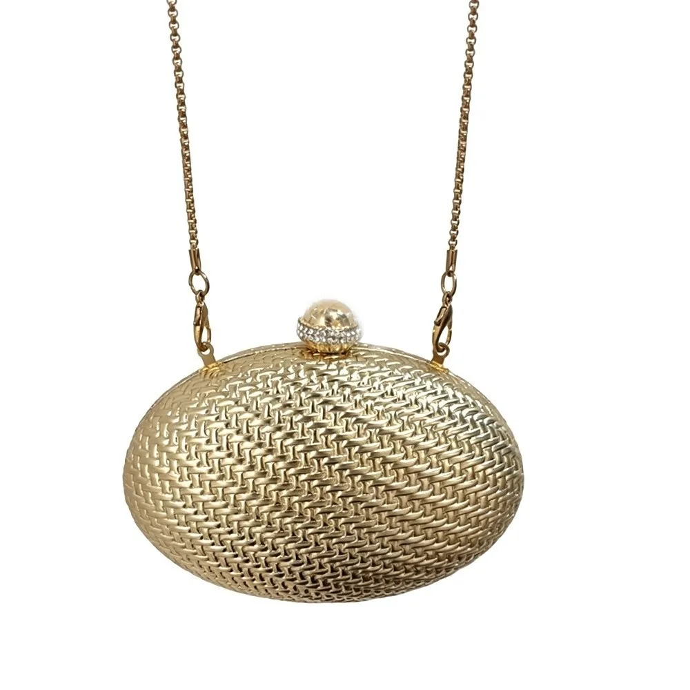 PU Evening Clutch Bag Egg-Shaped Rhinestone Closure Hard Shell Crossbody Bag Shiny Golden Metallic Woven Braided Handbag
PU Evening Clutch Bag Egg-Shaped Rhinestone Closure Hard Shell Crossbody Bag Shiny Golden Metallic Woven Braided Handbag