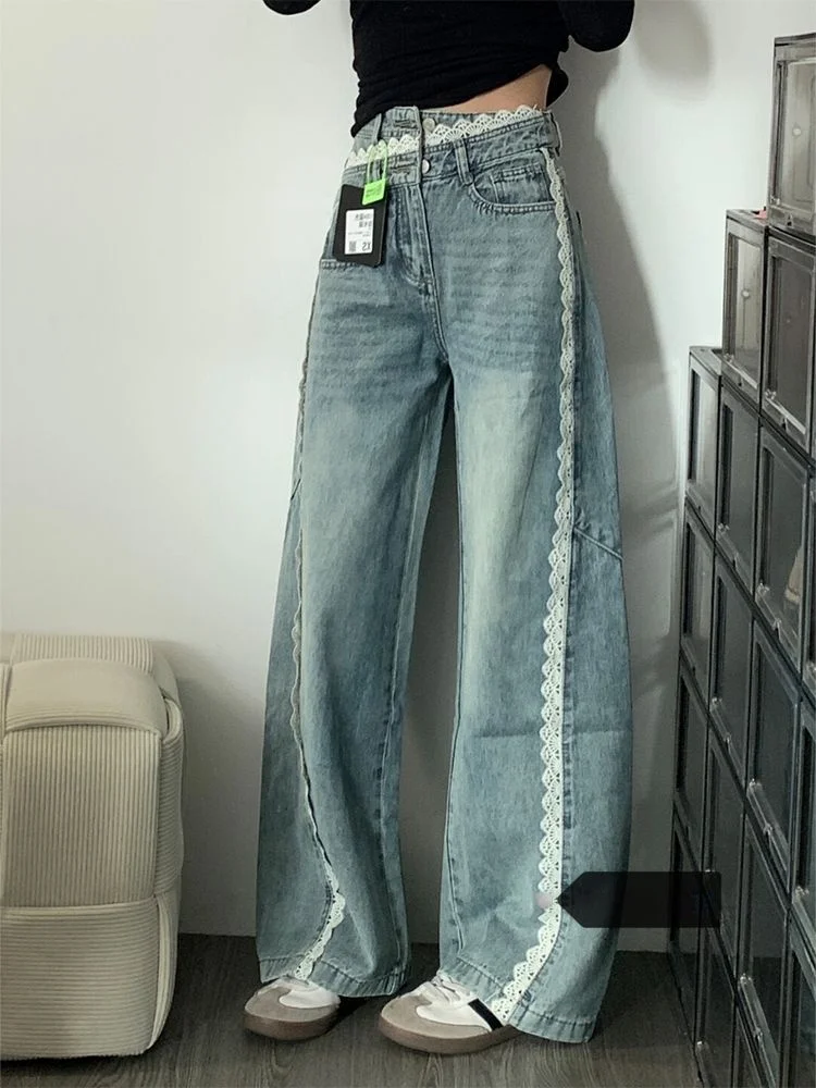 Blue High Waist Lace Trim Wide Leg Jeans Women's Summer New Design Asymmetric Casual Straight Cut Retro Style Denim Trousers
Blue High Waist Lace Trim Wide Leg Jeans Women's Summer New Design Asymmetric Casual Straight Cut Retro Style Denim Trousers