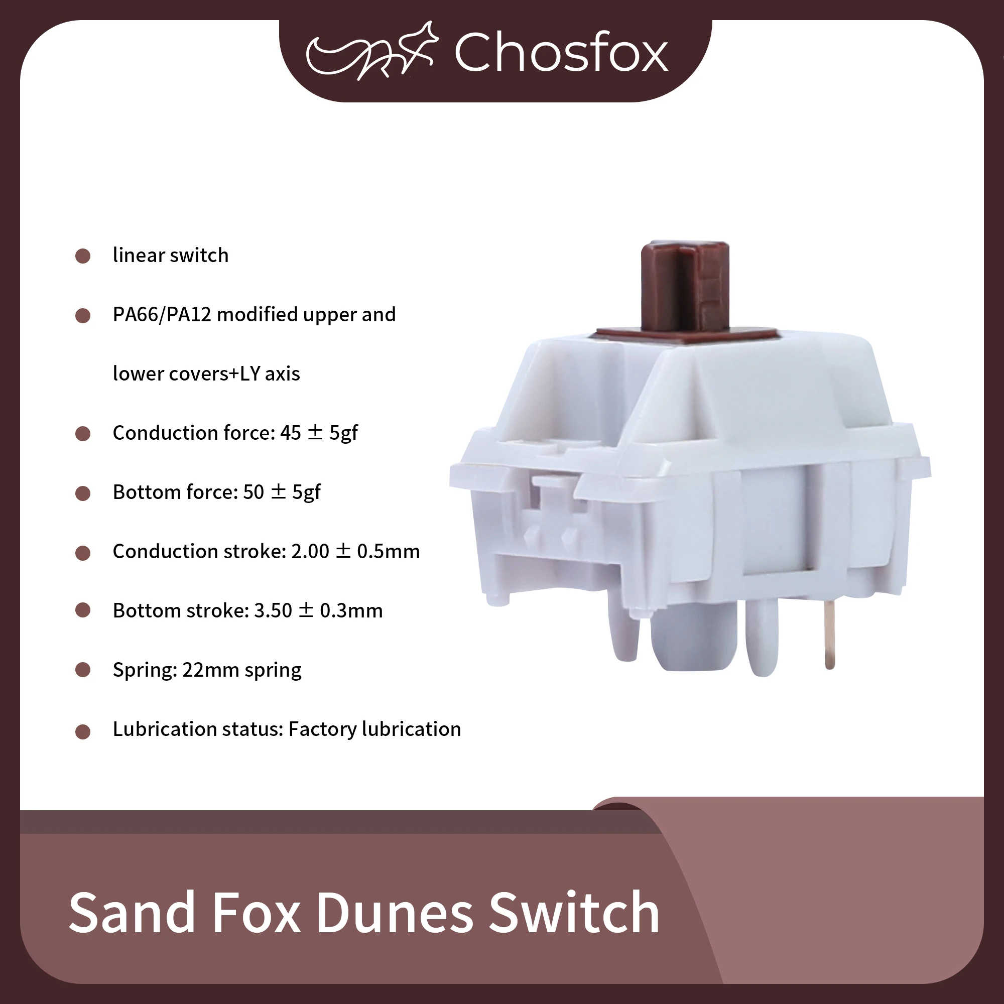 HMX&Chosfox Sand Fox Switch Game Mechanical Keyboard HIFI Linear 5 Pin Hot Swappable PA66/PA12 Pre Lubed Bottom out Early Switch
HMX&Chosfox Sand Fox Switch Game Mechanical Keyboard HIFI Linear 5 Pin Hot Swappable PA66/PA12 Pre Lubed Bottom out Early Switch