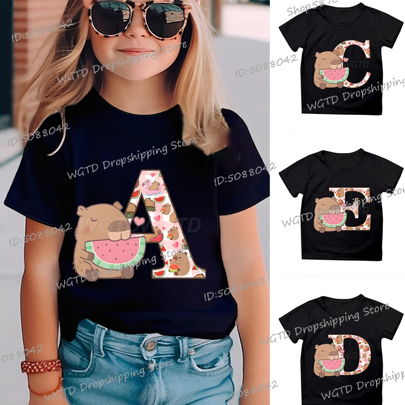 Cartoon Capybara T-shirt Boys Girls Fashion Alphabet A-Z Tees Capybara Eat Watermelon Tshirt Short Sleeve T Shirt Birthday Gift
Cartoon Capybara T-shirt Boys Girls Fashion Alphabet A-Z Tees Capybara Eat Watermelon Tshirt Short Sleeve T Shirt Birthday Gift