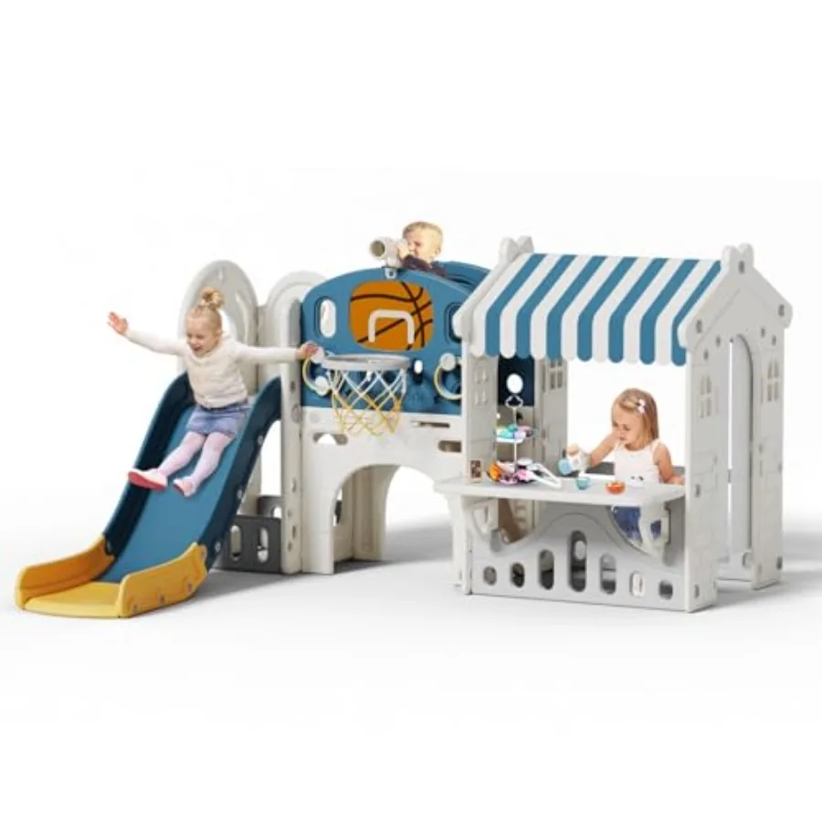 Outdoor Toddler Slide with Basketball Hoop and Playhouse for Ages 1-3 Blue Yellow Indoor Playground Set with Kitchen Toys
Outdoor Toddler Slide with Basketball Hoop and Playhouse for Ages 1-3 Blue Yellow Indoor Playground Set with Kitchen Toys