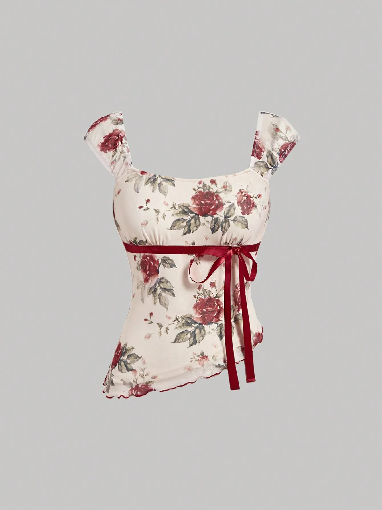 Floral Print Cami Top with Red Satin Bow Waist Tie, Ruched Design, Off-Shoulder Style
Floral Print Cami Top with Red Satin Bow Waist Tie, Ruched Design, Off-Shoulder Style