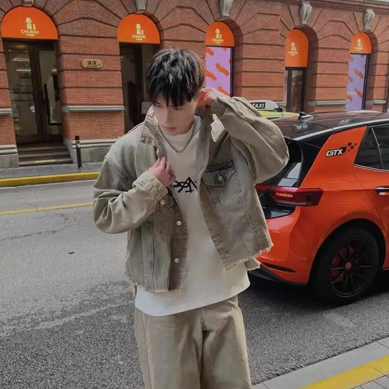 Waed ort Denim Jaet Heavy Industry Loose Vintage Outerwear Torn Trendy Spring Autumn Men's Jaet Straight Hemline
Waed ort Denim Jaet Heavy Industry Loose Vintage Outerwear Torn Trendy Spring Autumn Men's Jaet Straight Hemline