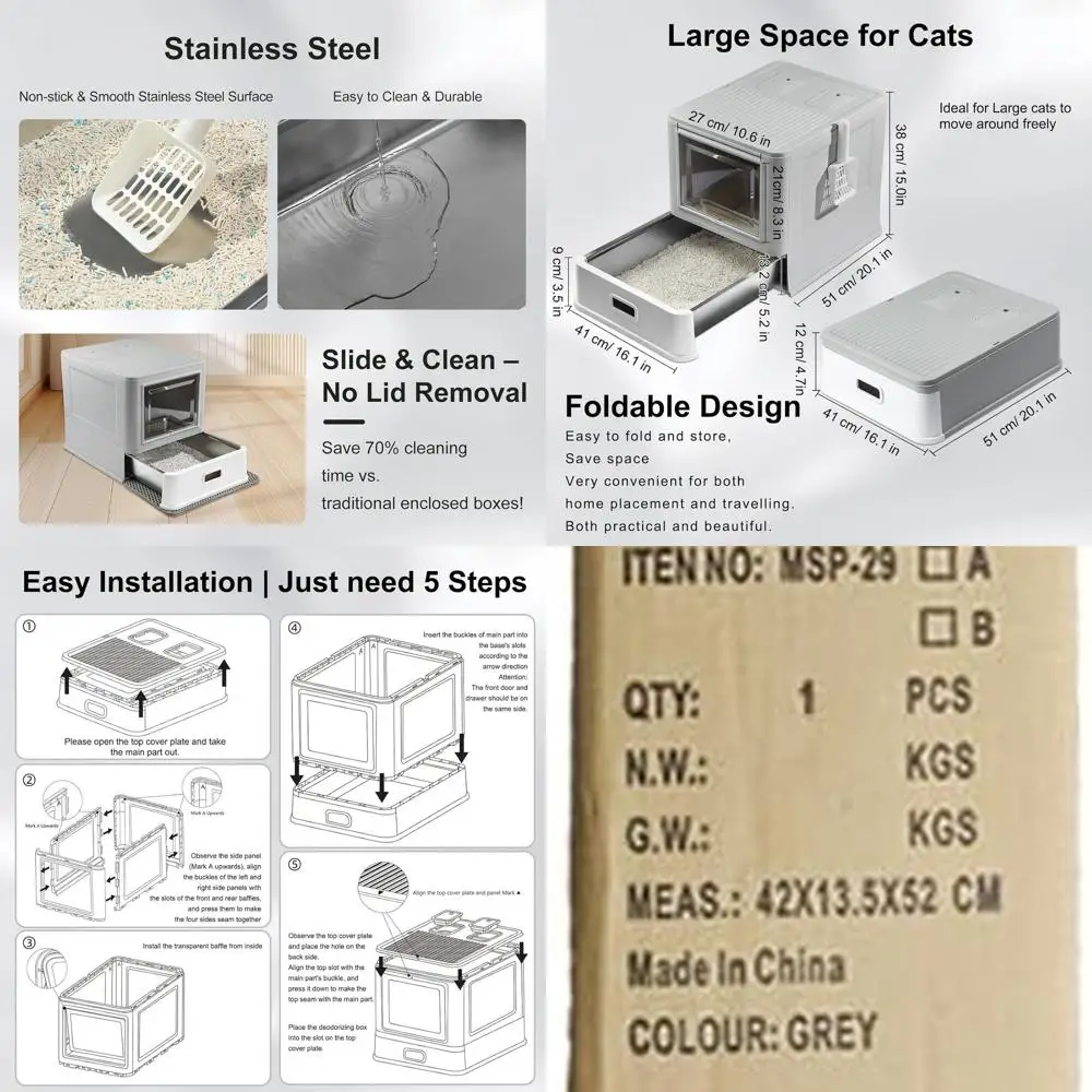 Indoor Stainless Steel Cat Litter Box with Lid and Drawer, Leak-Resistant Design, Includes Scoop & Mat
Indoor Stainless Steel Cat Litter Box with Lid and Drawer, Leak-Resistant Design, Includes Scoop & Mat