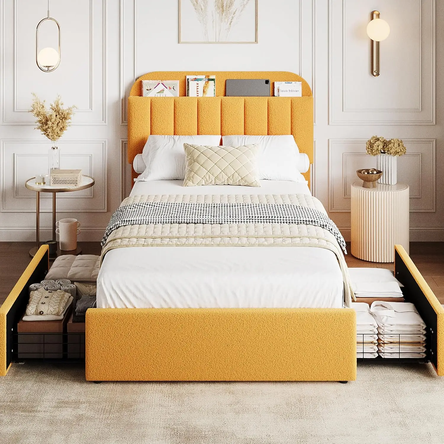 Twin Bed Frame with Storage Headboard Kids Bed Frame with 2 Drawers, Boucle Upholstered Platform Bed with Bookcase Easy Assembly
Twin Bed Frame with Storage Headboard Kids Bed Frame with 2 Drawers, Boucle Upholstered Platform Bed with Bookcase Easy Assembly