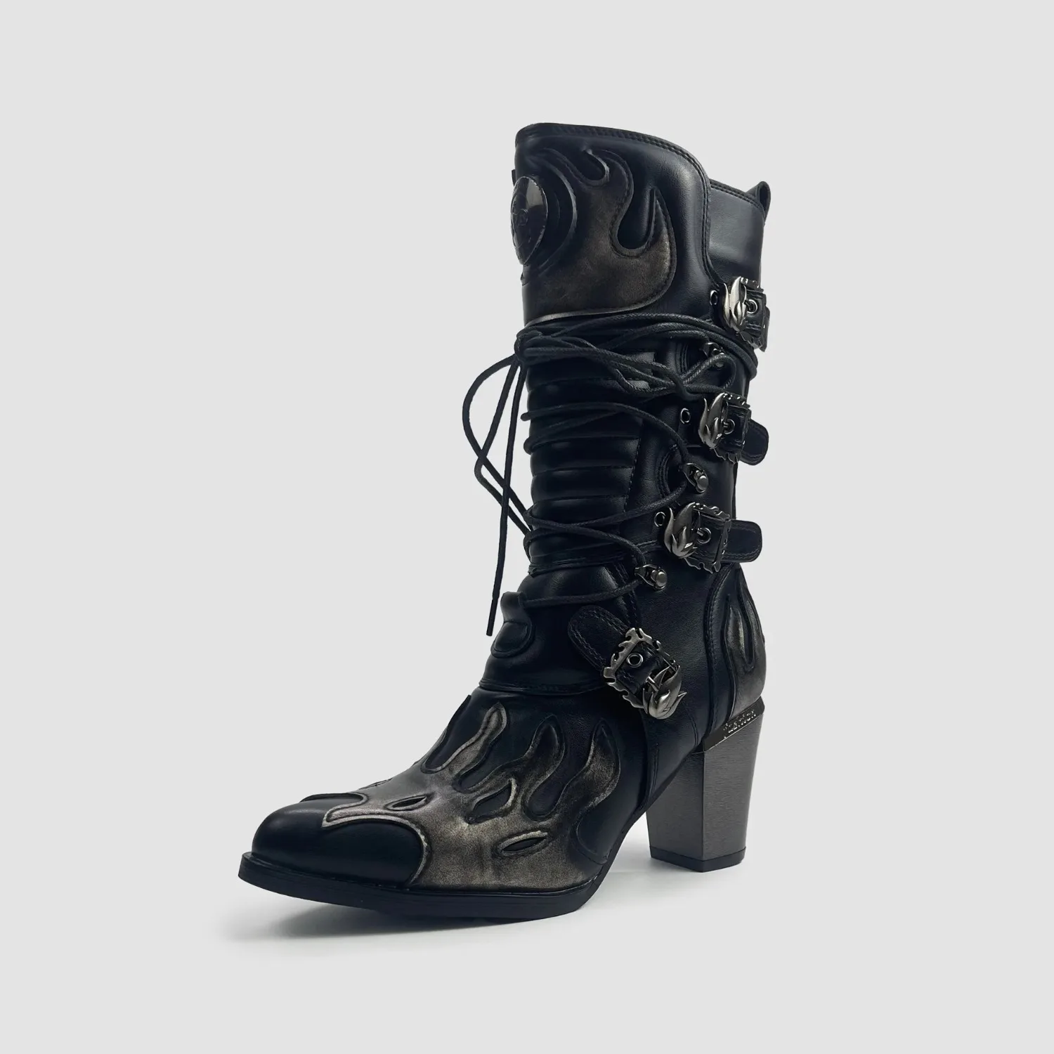 Punk Rock Flame Washed Faux Leather Buckle Lace Up Block Heel Western Mid Calf Boots For Plus Size Daily Party Street Outfit
Punk Rock Flame Washed Faux Leather Buckle Lace Up Block Heel Western Mid Calf Boots For Plus Size Daily Party Street Outfit