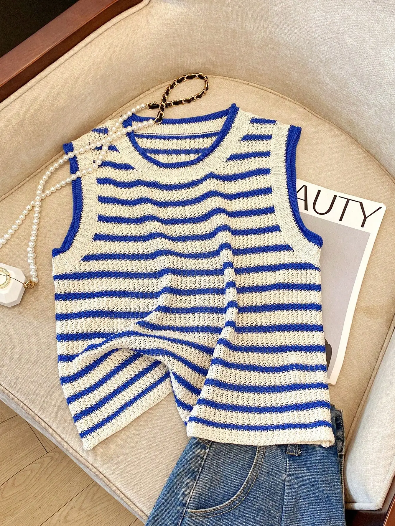 Women's Blue and Cream Striped Knit Sleeveless Vest, Round Neck, Lightweight Summer Top
Women's Blue and Cream Striped Knit Sleeveless Vest, Round Neck, Lightweight Summer Top