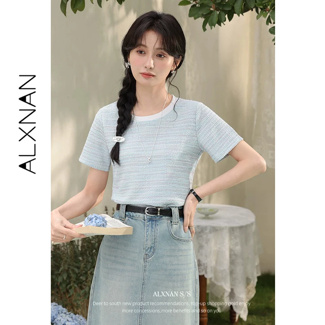 ALXNAN Women's Blue T-shirt Round Neck Short Sleeve T-shirts 2026 New Summer Elegant Loose-fit Casual Office Tops Female L55038
ALXNAN Women's Blue T-shirt Round Neck Short Sleeve T-shirts 2026 New Summer Elegant Loose-fit Casual Office Tops Female L55038
