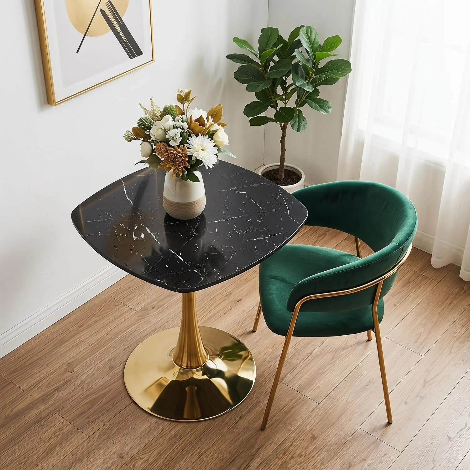 24 Inch Square Tulip Bistro Table for 2-4, Small Dining Table with Gold Metal Pedestal Base, Black Faux Marble Top, Customized
24 Inch Square Tulip Bistro Table for 2-4, Small Dining Table with Gold Metal Pedestal Base, Black Faux Marble Top, Customized