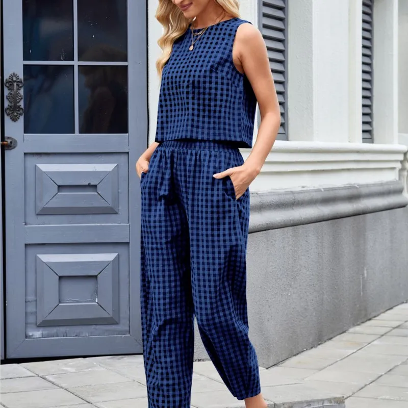 Women Vest Pants Set Vintage Plaid Print Sleeveless Top Loose Pants Two Piece Sets Casual Homewear Outfit 2 Piece Set Female
Women Vest Pants Set Vintage Plaid Print Sleeveless Top Loose Pants Two Piece Sets Casual Homewear Outfit 2 Piece Set Female