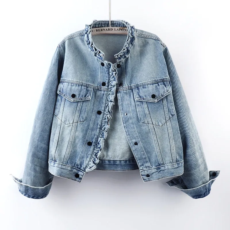 Light Blue Casual Short Denim Jacket Vintage Ruffles Stand Collar Irregular Single-Breasted Long Sleeve Female Cowboy Outerwear
Light Blue Casual Short Denim Jacket Vintage Ruffles Stand Collar Irregular Single-Breasted Long Sleeve Female Cowboy Outerwear