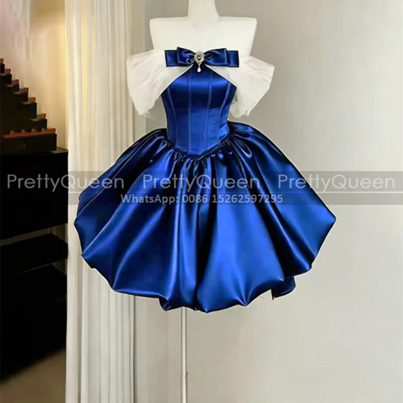 Short Bridesmaid Dresses Off Shoulder Puffy A Line Customized Royal Blue Satin Mini Wedding Party Dress
Short Bridesmaid Dresses Off Shoulder Puffy A Line Customized Royal Blue Satin Mini Wedding Party Dress