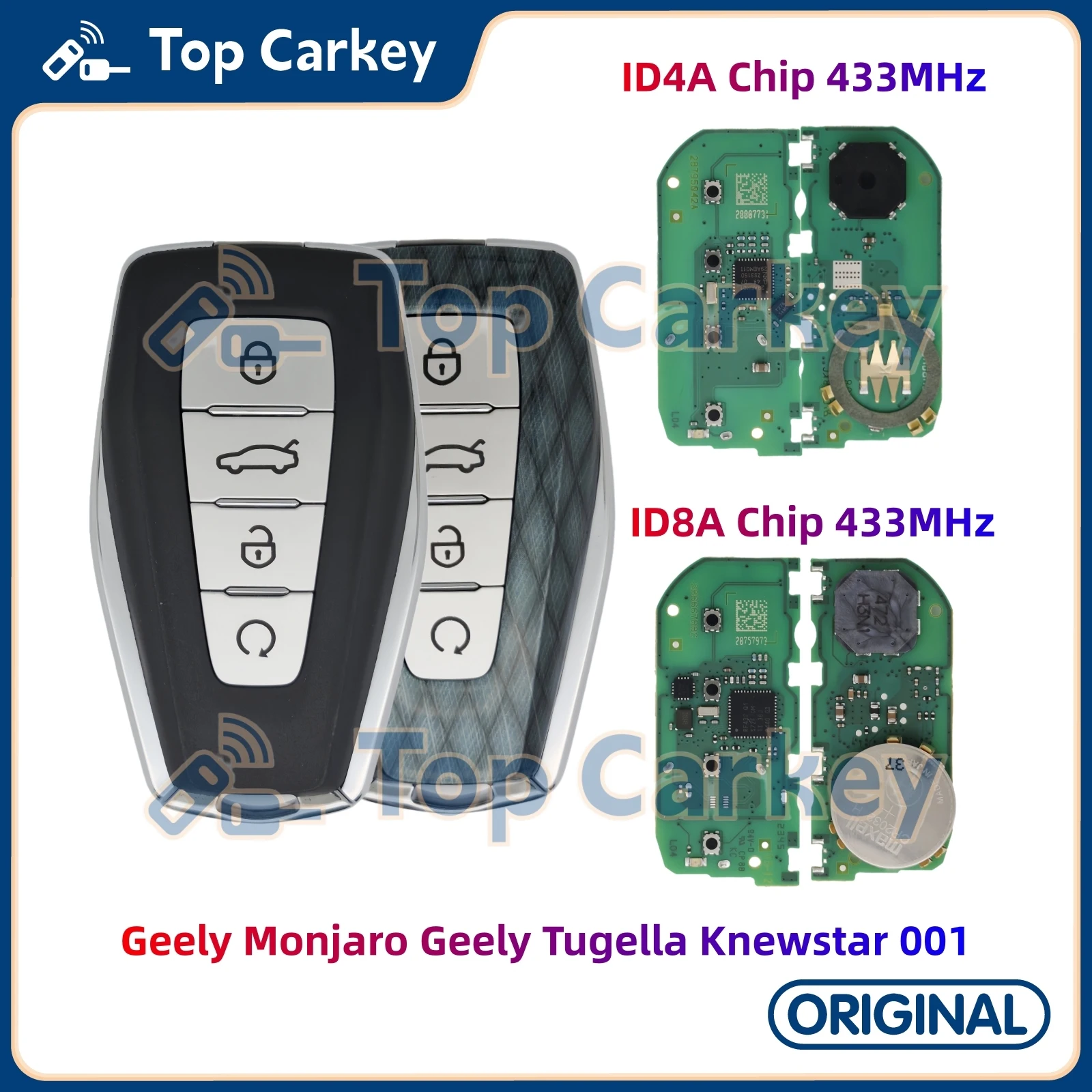 Оригинальный умный дистанционный ключ TopCarkey ID4A 8A, чип 433 МГц для Geely Monjaro Geely Tugella Knewstar 001
Оригинальный умный дистанционный ключ TopCarkey ID4A 8A, чип 433 МГц для Geely Monjaro Geely Tugella Knewstar 001