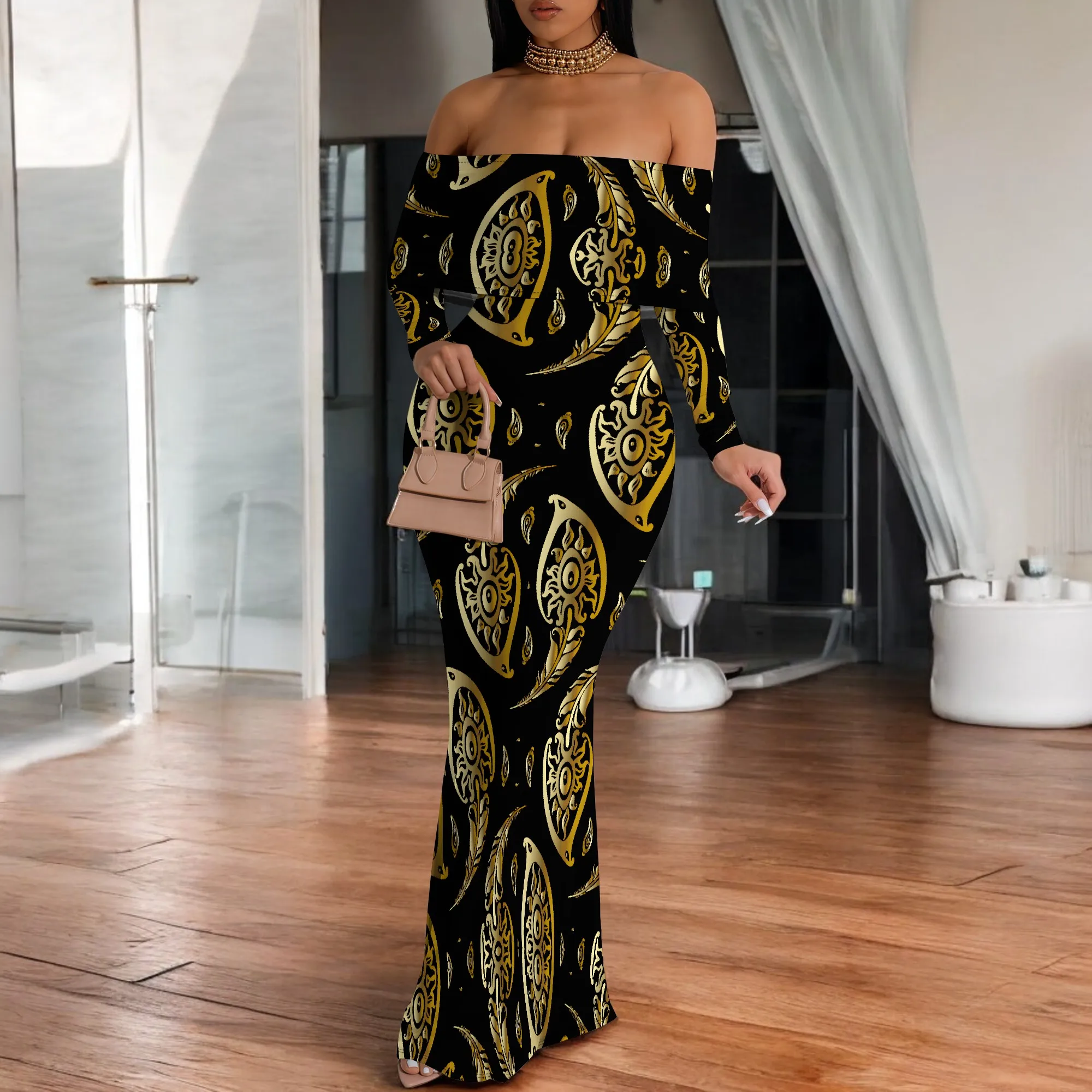 Baroque Print Off Shoulder Maxi Dress Sexy Long Sleeve Clubwear Evening Gown for Night Out
Baroque Print Off Shoulder Maxi Dress Sexy Long Sleeve Clubwear Evening Gown for Night Out