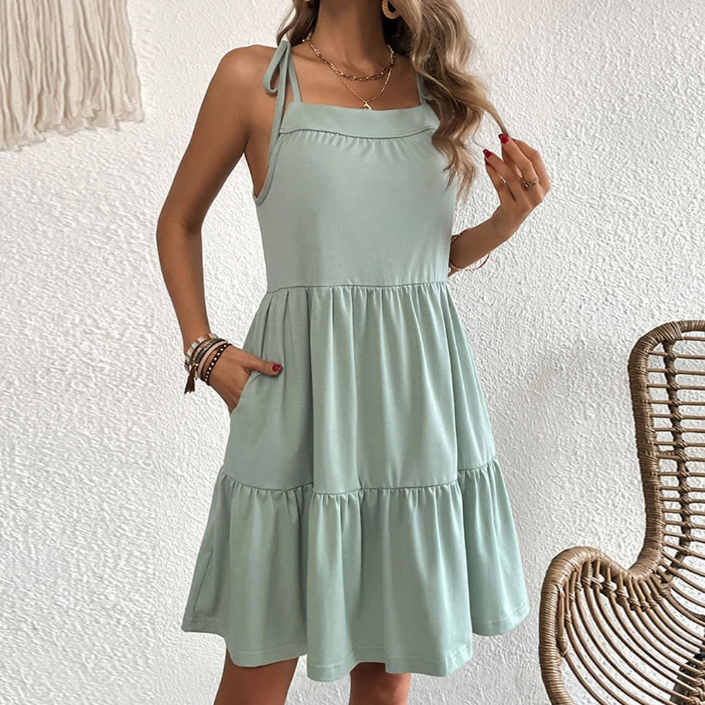 Elegant Pure Color Suspender Dress Women Spring Summer Spaghetti Strap Lace Up Mini Dress Casual Ruffle A-line Suspender Vestido
Elegant Pure Color Suspender Dress Women Spring Summer Spaghetti Strap Lace Up Mini Dress Casual Ruffle A-line Suspender Vestido